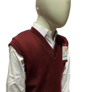 Maroon sleeveless sweater for boys and girls, soft wool fabric, warm and comfortable winter wear ideal for school or casual outfits.